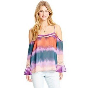 JESSICA SIMPSON Blaire Cold Shoulder Peasant Top Size XS Crochet Detail Tie Dye